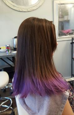 Purple End Hair, Hair Dipped Ends Blue, Dyed Hair For Brunettes Purple, Brown To Purple Ombre Hair Long, Purple Hair Ends Brown, Purple Hair Ends Dips, Long Brown Hair With Purple Tips, Purple Hair Tips Brunette, Brown To Purple Balayage Straight Hair