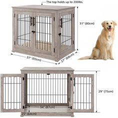 a dog is sitting next to a cage with its door open and the top hole up to 200lbs