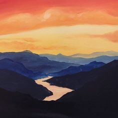 a painting of a sunset over mountains with a body of water in the foreground