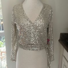 A Perfect Top, Brand New Top. Long Sleeve Tops For Wedding Party Season, Long Sleeve Tops For Wedding And Party Season, Elegant Embellished Party Tops, White V-neck Top For Party, Embellished V-neck Top For Party, Embellished V-neck Party Top, Chic Sequined Tops For Wedding, Silver Embellished Party Top, Sparkling Tops For Holiday Parties