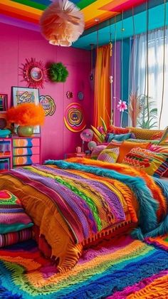 a bedroom with bright colored walls and colorful bedspread, pillows and rugs