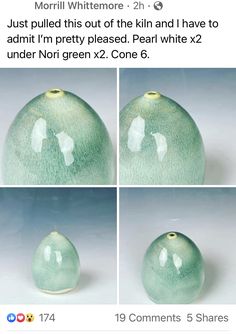 four photos of different green vases with white frosting on them