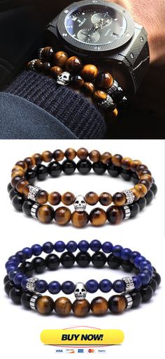 Mens beaded bracelet Set ( 2 Bracelet ) Skull Bracelet, Tiger eye bracelet. Free Worldwide Shipping. Man Bracelet, Essential Oil Jewelry, Men's Bracelets, Wooden Bracelet, Mens Fashion Inspiration, Best Mens Fashion, Tiger Eye Bracelet, Skull Bracelet, Mens Leather Bracelet