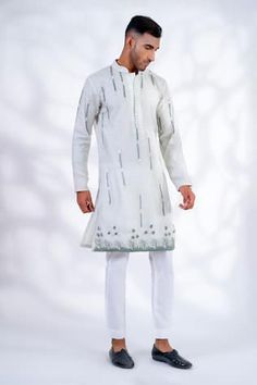 White kurta with light green floral resham, mirror and dori work. Paired with a pant. - Aza Fashions Dori Work, Men Kurta, White Kurta, Band Collar, Pant Set, Aza Fashion, Light Green, Pants Set, Mirror