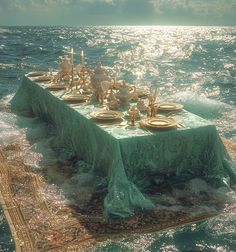 a long table is set up in the middle of the ocean with gold plates on it