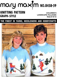 two women wearing ugly sweaters in front of a wooden wall with the words knitting pattern graph - style