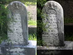 two headstones are shown side by side, one has grass growing on the top