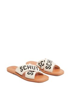 Schutz logo-print Straps Slides - Farfetch Casual Summer Sandals With Logo Strap, Casual Sandals With Logo Strap For Spring, Flat Sandals With Logo For Summer, Logo Slip-on Sandals For Summer, Logo Open Toe Sandals For Summer, Summer Flat Sandals With Logo, Summer Slip-on Sandals With Logo, Summer Beach Slides With Logo, Summer Slide Sandals With Logo