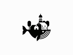 a black and white image of a fish with a house on it's back