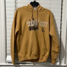 Straight From Chicago From A Little Gift Shop! Worn Once And Looks Brand New! Size Meduim In Adults! Yellow Letter Print Sweatshirt For Fall, Yellow Casual Hoodie For Fall, Casual Yellow Hoodie For Fall, Mustard Casual Sweatshirt For Fall, Casual Mustard Sweatshirt For Fall, Yellow Urban Sweatshirt For Fall, Urban Yellow Sweatshirt For Fall, Casual Yellow Crew Neck Hoodie, Yellow Crew Neck Hoodie For Fall