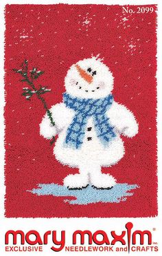 a snowman is holding a flower on a red background