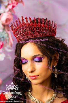 Red quinceañera Crown worn by a young woman during her Quinceañera celebration. Adorned with shining red jewels, the crown symbolizes the princess-like status of the celebrant on her special day. It serves as a cherished accessory, highlighting the significance and elegance of the occasion. *Tiaras/Crowns cannot be engraved Color of Crown: RedIncludes: Crown only All the items are hand-made.Can be personalized with name and date of your celebration.We can decorate this set with any color or text Red Quinceanera Tiara, Red Charro Quinceanera Crown, Dark Red Quinceanera Crown, Red Crowns For Quinceanera, Crown For Quinceanera Red, Crowns For Quinceanera, Quince Crowns Red And Gold, Red Crowns, Money Card Box