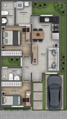 an overhead view of a house with two cars parked in the driveway and three beds on each side