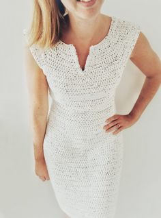 a woman wearing a white crochet dress with her hands on her hips and the words, crochet pattern coffee and crocheting com