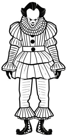 a black and white drawing of a clown wearing a suit with ruffles on it