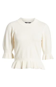 Sweeten your sweater collection with this style that's finely knit from a cashmere-kissed merino blend and finished with a flounced peplum and cuffs. 20 1/2" length (size Medium) Mock neck Elbow-length sleeves 47% merino wool, 38% viscose, 10% nylon, 5% cashmere Hand wash, dry flat Imported White Fine Knit Cashmere Top, Chic Cashmere Sweater With Pointelle Knit, Feminine Fine Knit Sweater, Cream Cashmere Fine Knit Top, White Cashmere Sweater For Spring, Cream Fine Knit Cashmere Top, Elegant Spring Cashmere Top, Elegant Winter White Fine Knit Sweater, Fitted Cashmere Pointelle Knit Tops