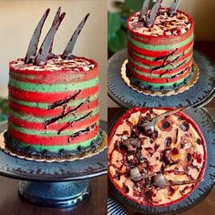 three different cakes with chocolate and candy toppings on each cake platter, one decorated in red, the other green