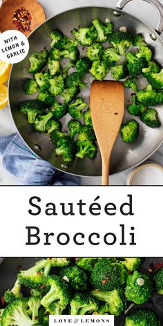 broccoli is being cooked in a skillet with a wooden spoon on the side