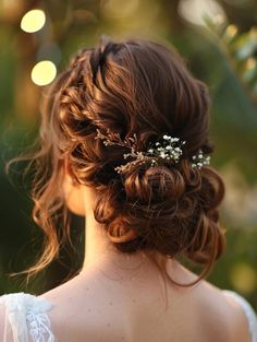 Boho Wedding Hair Mid Length, Floral Wedding Hair Half Up, Wavy Bridal Hairstyles, Loose Wedding Updo, Wedding Hair Romantic, Whimsical Wedding Hair, Floral Updo, Bridal Hair Ideas, Long Haircuts With Bangs