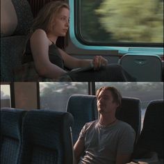 two pictures of people sitting on a train and one is looking out the window at something