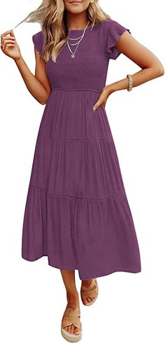 Amazon.com: PYGFEMR Summer Dresses for Women 2023 Flutter Sleeve Tiered Smocked Casual Midi Dress with Pockets Rose Violet L : Clothing, Shoes & Jewelry Short Midi Dress, Dress With Flutter Sleeves, Solid Midi Dress, Charlotte Dress, Tiered Midi Skirt, Tiered Midi Dress, Ruched Bodice, Crewneck Dress, Smocked Dress