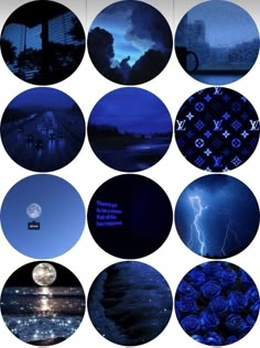 a collage of images with blue and purple hues