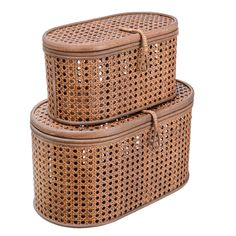 two brown wicker baskets stacked on top of each other, one is empty and the other has a lid