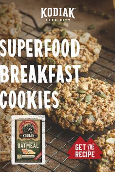 the cover of kodiak's cookbook, superfood breakfast cookies