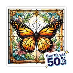 a stained glass window with an orange butterfly on it's side and the words buy 10