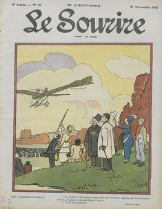 an old french magazine cover with a man flying a small plane in the sky and people looking at it