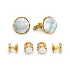 # Pieces In Set: 6Metal Color: Gold ToneBase Material: 100% BrassCare: Wipe CleanCountry of Origin: Made in US Classic Round Cufflinks For Business, Round Cufflinks For Father's Day, Classic Round Cufflinks For Father's Day, White Cufflinks For Business, Classic Round Adjustable Cufflinks, Business White Polished Jewelry, Classic White Jewelry For Business, White Polished Jewelry For Business, White Jewelry With Polished Finish For Business