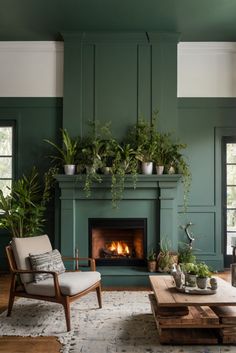 interior decorating, home decor, living room design, fireplace decor, indoor plants, greenery decor, cozy home design Green Painted Fireplace Surround, Emerald Tile Fireplace, Green Wall Fireplace, Green Marble Fireplace Surround, Singletree Ideas, Fireplace Plants Decor, Green Painted Fireplace, Green Living Rooms Ideas, Green Fireplace Wall