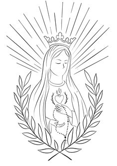 the virgin mary holding a baby jesus in her arms and surrounded by leaves, with sun rays