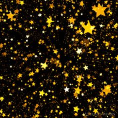 many gold stars are scattered on a black background