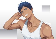 a man with blue hair and white tank top holding his hand up to his ear