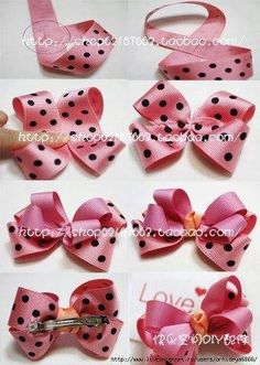 the instructions for how to make a bow with ribbon and polka dots on pink fabric