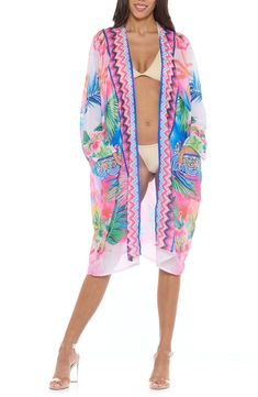 A vibrant tropical print enlivens the look of this cover-up duster for a vacation-ready look. 36 1/2" length (size Small) Open front Short sleeves 100% polyester Hand wash, dry flat Imported Tropical Printed Cover-up For Resort Season, Beachy Tropical Print Cover-up For Pool, Beachy Tropical Print Pool Cover-up, Tropical Print Cover-up For Pool Vacation, Tropical Print Cover-up For Poolside, Printed Tropical Cover-up For Resort Season, Tropical Printed Cover-up For Beach Season, Summer Tropical Print Cover-up, Tropical Printed Resort Season Cover-up