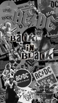 black and white collage with the words back in black surrounded by various stickers