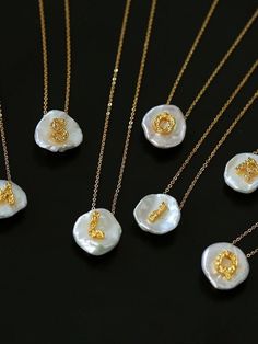 Petal Baroque Pearl Letter Pendants Necklaces - floysun Pearl Initial Pendant Necklace, Gold Initial Pendant Pearl Necklace, Dainty Gold Pearl Necklace With Initial Pendant, Gold Pearl Necklace With Initial Pendant Gift, Gold Dainty Pearl Necklace With Initial Pendant, Handmade Yellow Gold Necklaces With Baroque Pearls, Elegant Handmade Gold Initial Necklace, Elegant Handmade Pendant Initial Necklace, Elegant Handmade Initial Pendant Necklace