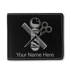 - Leatherette Bifold Wallet closure - Wallet is laser engraved with the image that you see in the photo. - Your name or personalized message will be engraved below the image for free. - Synthetic leather construction. Includes space for bills and 6 credit cards. - You may have one line of engraved text - 20 characters maximum. Personalized Black Wallet, Personalized Black Wallet For Personal Use, Personalized Black Bifold Wallet, Black Bifold Wallet For Personalized Gift, Barber Shop Pole, Leather Bifold Wallet, Bifold Wallet, Barber Shop, Synthetic Leather