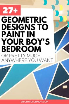 Check out these really cool geometric design ideas for painting the walls in a boy bedroom! Make a small room look bigger with a funky accent wall. There's lots of paint design inspiration to make your boy's bedroom unique and fresh. You can use bright bold colors or soft muted tones and even paint mountains. Many of these ideas have a tutorial attached, but all you really need is some painters masking tape and patience! Geometric patterns on walls really make them POP. #brightcolormom Taped Painted Walls Patterns Geometric, Blue And Black Accent Wall, Abstract Paint Ideas For Walls, Geometric Wall Paint Patterns Bedroom, Geometric Wall Murals Painted, Accent Wall With Tape And Paint, Wall Paint Designs Patterns