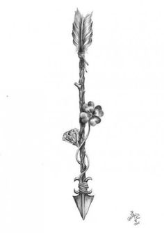 a pencil drawing of a flower with leaves and an arrow on the end of it