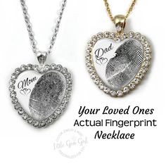 Introducing our Fingerprint Necklace made using your custom print, the perfect way to remember a loved one. This custom imprint jewelry features a rhinestone heart pendant with their unique fingermark and name in silver or gold. Keep them close to your heart, always. Not only is this a lovely necklace, but you can remove chain and use as a wedding bouquet memorial charm.   Metal Finish: Gold Or Silver Chain Length: 18, 20, 22 or 24 inches Image is fused securely and permanently behind a thick gl Customizable Heart Pendant Jewelry For Keepsake, Customizable Heart-shaped Necklace For Father's Day, Customizable Heart Necklace For Father's Day, Customizable White Heart Pendant Jewelry, Father's Day Customizable Heart Necklace, Customized Heart-shaped Jewelry For Memorial, Customized Heart-shaped Memorial Jewelry, Personalized Diamond Heart Cut Necklace, Personalized Heart Jewelry For Father's Day