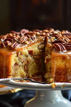 a cake with pecans and caramel drizzled on top sits on a plate