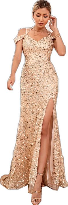 Gold Gown With Fitted Bodice For Night Out, Elegant Summer Sequin Prom Dress, Champagne Dressy Prom Dress, Gold Floor-length Party Dress, Glamorous Champagne Sequin Prom Dress, Maxi Length Sequin Dress For Prom, Gala Sequin Dress With Sweep Train For Party, Summer Party Evening Dress With Sweep Train, Gold Maxi Dress For Prom Night Out