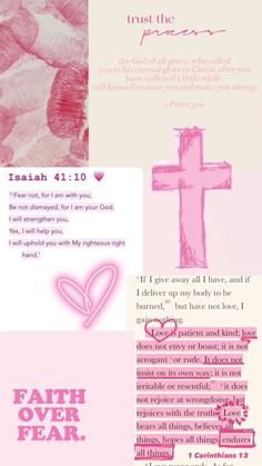 pink and white collage with the words faith over fear, trust for the lord