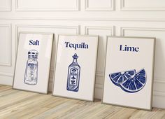 three framed art prints with tequila, tequila and lime on them in front of a white wall