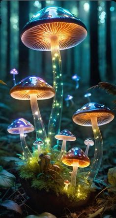 glowing mushrooms in the forest with lights on them