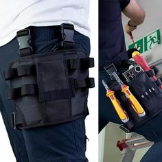 two pictures showing the back and side of a man's pants with tools in his pocket