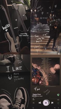 a collage of photos with some writing on them and an image of a guitar